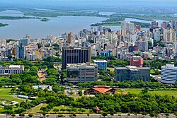 Aerial view of the historic center of Porto Alegre with Harmonia Park in the foreground