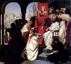 Constantin III of Armenia on his throne with the Hospitallers. "Les chevaliers de Saint-Jean-de-Jerusalem rétablissant la religion en Arménie", 1844 painting by Henri Delaborde.
