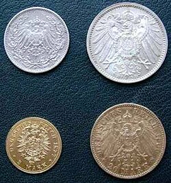 Gold mark coins (1⁄2, 1, 5 and 20 mark)