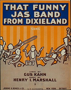 Sheet music cover from 1916; spellings such as "jas", "jass" and "jasz" were seen until 1918.
