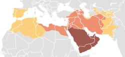The expansion of the Caliphate in the Mediterranean region from 622 to 750 AD. Expansion under Muhammad, 622–632 Expansion during the Rashidun Caliphate, 632–661 Expansion during the Umayyad Caliphate, 661–750