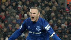 Wayne Rooney, who returns to the club after becoming Manchester United's record goalscorer, celebrates for Everton after his goal against Liverpool in the 2017–18 Premier League.