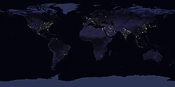 A composite image of artificial light emissions at night on a map of Earth