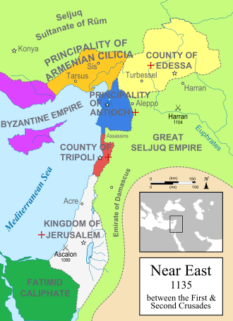 A political map of the Near East in 1135. Crusader states are marked with a red cross.