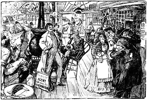 Fanciful drawing by Marguerite Martyn in the St. Louis Post-Dispatch of October 21, 1906, with, on the right, a rural post office in a general store