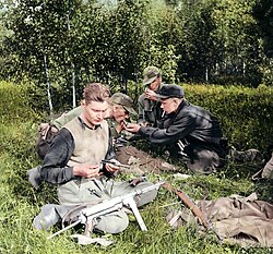 Estonian Forest Brothers relaxing and cleaning their guns after a shooting exercise in Veskiaru, Järva County, Estonian SSR, in 1953