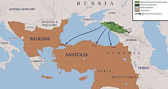 A map of the expulsion of Circassians to the Ottoman Empire. The light-green area denotes the final borders of Circassians, who had already been pushed southwards prior to their expulsion to the Ottoman Empire. In the late 18th century, Circassians lost their northern territories, which do not appear in green on this map.