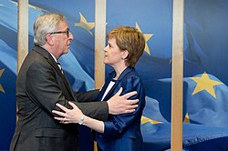 Sturgeon meeting the president of the European Commission Jean-Claude Juncker in 2017. Pro-Europeanism has been central to the SNP.