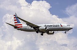 A American Airlines Boeing 737-800 landing at Ronald Reagan Washington National Airport in July 2024