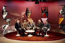 NPS staff sitting on the set for the 1972 Centennial for the creation of the first National Park, in a NBC Today Show. Left to right: George Hartzog, William Everhart, Frank McGee and Jack K. Anderson.