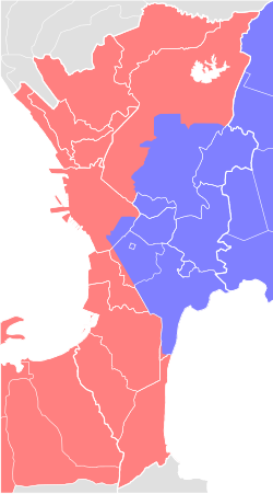 Water zones for Metro Manila and the surrounding areas. Maynilad Water Services operates in the red areas while Manila Water operates in the blue areas.