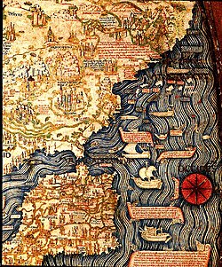 Map of the Iberian Peninsula and Northern Africa (inverted) by Fra Mauro (ca. 1450)