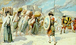 Midianite women, children and livestock taken captive by Israelite soldiers after all Midianite men had been killed and their towns burnt. Watercolour by James Tissot (c. 1900), illustrating the War against the Midianites in Numbers 31.