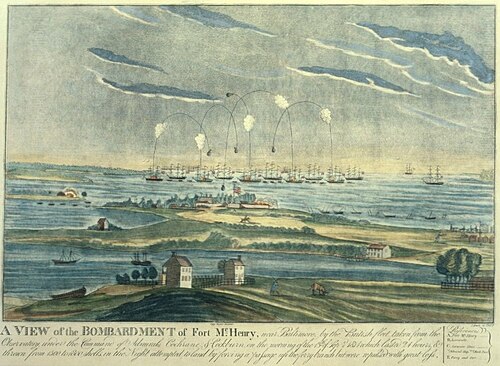 An artist's rendering of the bombardment at Fort McHenry during the Battle of Baltimore. Watching the bombardment from a truce ship, Francis Scott Key was inspired to write the four-stanza poem that later became "The Star-Spangled Banner".