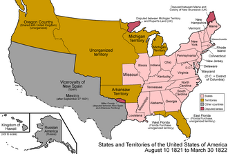 The states and territories of the United States as a result of Missouri's admission as a state on August 10, 1821. The remainder of the former Missouri Territory became unorganized territory.