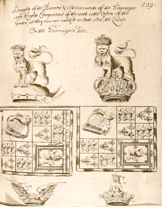 Heraldic banners and crests of King Charles II and his brother James, Duke of York (later James II), observed by Elias Ashmole, Windsor Herald. On a visitation to Berkshire in 1664–1665, the banners and crests were found at the choir stalls of St. George's Chapel, Windsor Castle.