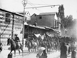 Lieutenant General Sir Harry Chauvel, Commander in Chief, Desert Mounted Corps leading his troops through Damascus on 2 October 1918 the day after his corps captured the city