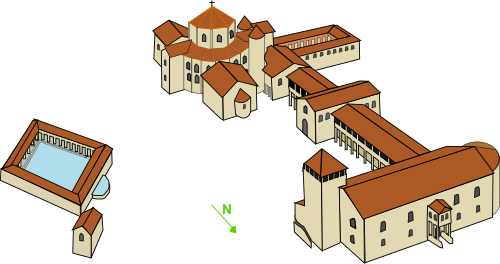 Artist's impression of the Königspfalz at Aachen (Palace of Aachen), built in the 790s. At the back is the Palatine Chapel, today the rotunda of Aachen Cathedral, in the foreground the aula regia (on the site of today's Aachen Town Hall, with the tower still standing). On the left the imperial bath spa, fed by hot springs.