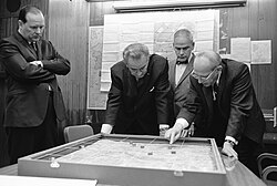 Walt Rostow, Johnson's national security advisor, meeting with Johnson in the Situation Room in 1968, where the two reviewed a map of the region where the Battle of Khe Sanh was being waged