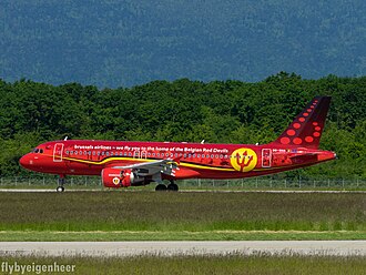 "Belgian Red Devils" airbus with trident logo, pictured in 2016