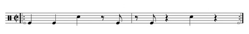 Simple kick and snare funk motif. The kick first sounds two onbeats, which are then answered by two offbeats. The snare sounds the backbeat.