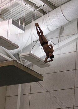 A twisting dive performed from a 10-meter platform