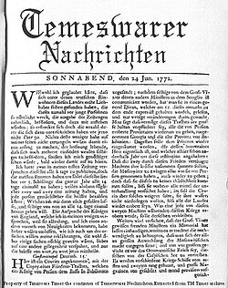 24 June 1772 edition of Temeswarer Nachrichten (Timișoara Times), the first newspaper printed in Timișoara
