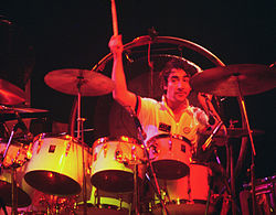 Keith Moon of The Who with a mixture of concert toms and conventional toms, 1975.
