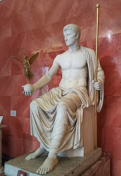 Roman statue of Augustus seated, holding a scepter in his left hand and an orb in his right