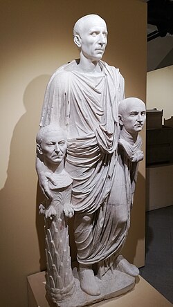 The "Togatus Barberini", depicting a Roman senator holding the imagines (effigies) of deceased ancestors in his hands; marble, late 1st century BC; head (not belonging): mid-1st century BC