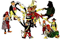 19th-century cartoon of European alliances 1870–1890 showing a balance of power with Marianne, representing France, crying alone in the bottom-left corner thanks to German chancellor Otto von Bismarck's (pictured in the center) successful attempts to keep her isolated from the rest of the European powers