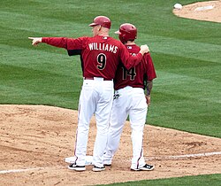 Matt Williams (left) served as a third base coach for the Arizona Diamondbacks during a spring training game in February 2011.