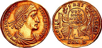 Solidus struck at Mediolanum in 354–357. The reverse reads gloria rei publicae, "glory of the republic".