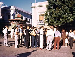 Crowd gathering on a street in Puerto Rico in 1939, photographed by Robert Yarnall Richie