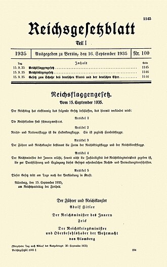 Title page of the German government gazette Reichsgesetzblatt issue proclaiming the laws, published on 16 September 1935 (RGBl. I No. 100)