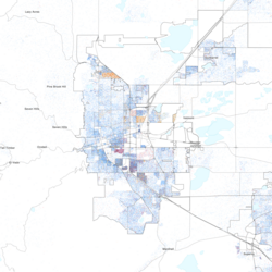 A map of racial distribution in Boulder, 2020 US census. Each dot is one person: ⬤ White ⬤ Black ⬤ Asian ⬤ Hispanic ⬤ Multiracial ⬤ Native American/other