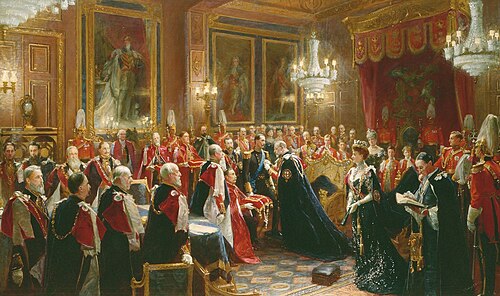 Edward VII invests Haakon VII of Norway with the insignia of the Order of the Garter in the Throne Room of Windsor Castle, 9 November 1906. Painting by Sydney Prior Hall.