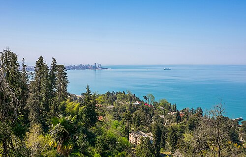 Black Sea coast of western Georgia, with the skyline of Batumi on the horizon