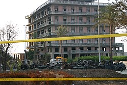 The crime-scene in Beirut where Hariri and 21 others were killed in a terrorist attack in February 2005. The area was cordoned off to conduct an international investigation.
