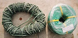 UV damaged polypropylene rope (left) and new rope (right)