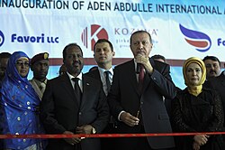 Erdoğan and Somalia President Hassan Sheikh Mohamud opening the new terminal of Aden Abdulle International Airport in Mogadishu, Somalia