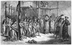 Masked-dance, and wedding-feast of Ticuna Indians, engravings for Bates's 1863 The Naturalist on the River Amazons