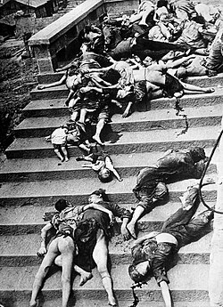 Casualties of a mass panic during a June 1941 Japanese bombing of Chongqing. More than 5,000 civilians died during the first two days of air raids in 1939.[206]