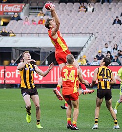 Lynch marks over his Hawthorn opponents in June 2017