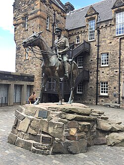 Earl Haig statue, Edinburgh Castle. The statue was commissioned by Sir Dhunjibhoy Bomanji of Bombay.[246] It was in full view near the Castle entrance, but now relatively hidden in a back courtyard at the entrance to the National War Museum.[247]