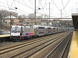 Two NJ Transit Bombardier ALP-46s with a consist of Bombardier MultiLevel Coaches at Trenton Transit Center