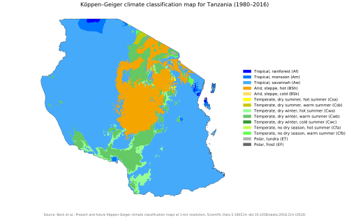Tanzania map of Köppen climate classification