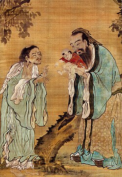 Confucius handing over an infant Gautama Buddha to an elderly Laozi.