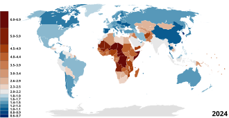 Map of countries and territories by fertility rate as of 2020