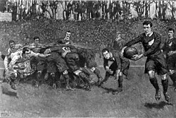 Illustration by Frank Gillett showing the England versus The Original All Blacks Test attended by a then-record crowd of at least 50,000. The New Zealanders won 15–0.
